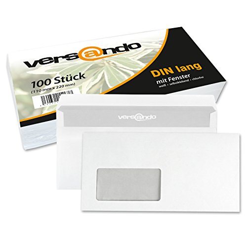 Versando - 100 Enveloppes d'expédition DIN-Long 22 x 11 cm blanches avec fenêtre, autocollantes Cover