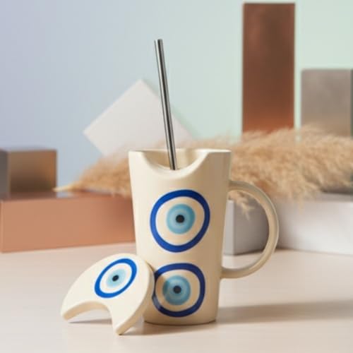 Image of Handmade Ceramic Mug, 450ml Tumbler with Lid & Straw - Cream with Blue Evil Eye Design, Cup for Hot & Cold Beverages - Coffee, Tea, Milk | Microwave & Dishwasher Safe | Perfect for Gifting