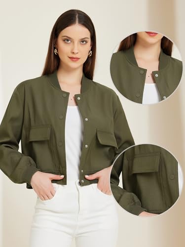 Allegra K Button Down Bomber Jacket for Women's Stand Collar Long Sleeve Casual Cropped Coat Outwear2