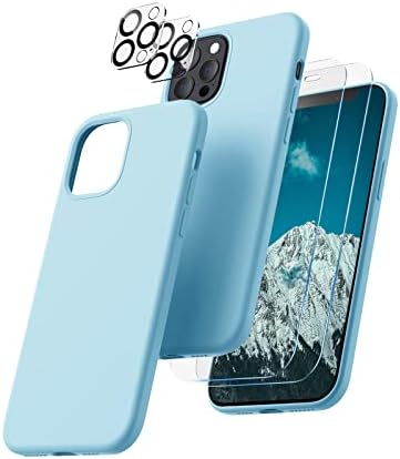 CALOOP 5 in 1 for iPhone 12 Pro Max Case 6.7",Liquid Silicone Case with 2 Pack Tempered Screen Protector + 2 Pack Camera Lens Protector,Slim Shockproof Phone Case Microfiber Lining,Kumquat Orange