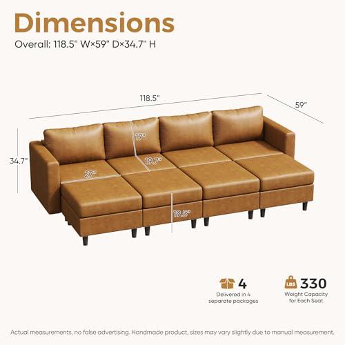 Image of ABCASA 118.5 inch Faux Leather Luxury Modular Sleeper Sofa Bed with Storage Seat, 8 Seat Sectional Couch Deep Seat with Reversible Chaises & Removable Cover - Brown