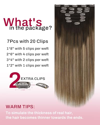 Image of Moresoo Clip in Hair Extensions Real Human Hair Balayage Brown Blonde 16in | Clip in human hair extensions, smoky golden brunette ombre, 7pcs, remy straight hair for warm party dimension