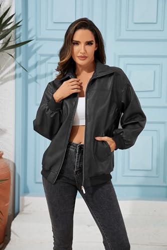 Leather Jacket Women Vintage Washed Faux Oversized Casual Motorcycle Biker Bomber Coats With Pockets 2025 Y2K Trendy3