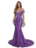 RYANTH Off Shoulder Sequin Grape Prom Dresses for Women Long 2026 Mermaid Cocktail Dress with Train Glitter Formal Evening Party Gown Size 2