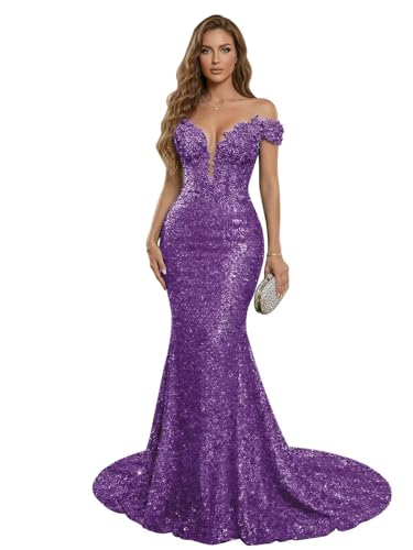 RYANTH Off Shoulder Sequin Grape Prom Dresses for Women Long 2026 Mermaid Cocktail Dress with Train Glitter Formal Evening Party Gown Size 2