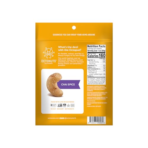 Image of Octonuts Chai Spice Cashews - Roasted in Almond Oil (5oz) Sweet Cinnamon & Spice Plant Based Protein - Healthy Snack for Adults & Kids - Vegan, Gluten Free & Non-GMO Verified