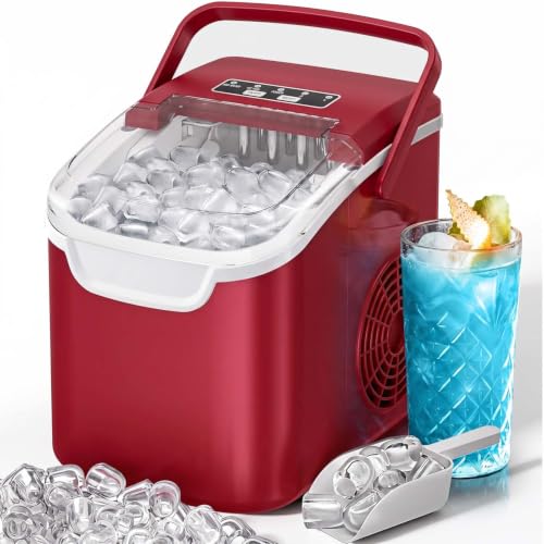 Image of Kismile Countertop Ice Maker Machine, 26Lbs /Day Fastest 6‑Min Ice | 8 bullet ice in 6min, 2 sizes, energy-saving, portable mini, with handle,basket,scoop. Home /bar /RV /camping /office.Red
