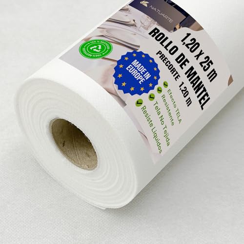 NATUARTE, Rollo de Mantel, 1.20 m x 25 m, Mantel Desechable, PRECORTE Cada 1,20m, Tejido No Tejido Similar a la Tela, Reutilizable, Celebraciones Fiestas, Color Blanco 1,20X25m