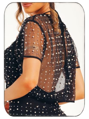 Image of JAKAWIN Pearl Wedding Bolero Shrug Rhinestone Short Sleeve Mesh Cropped Cardigan for Women (US, Alpha, Small, Regular, Regular, Black)