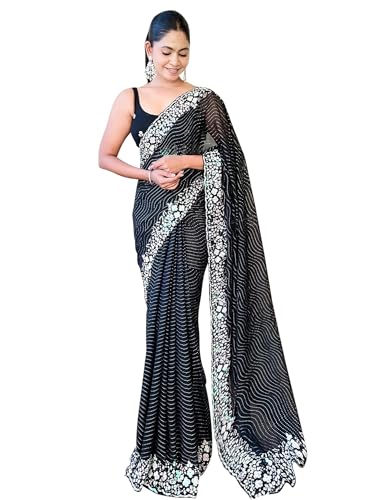 Image of AKHILAM Women's Multicolor Georgette Embellished Saree with Unstitched Blouse Piece(KESARI9501 KR Parent)