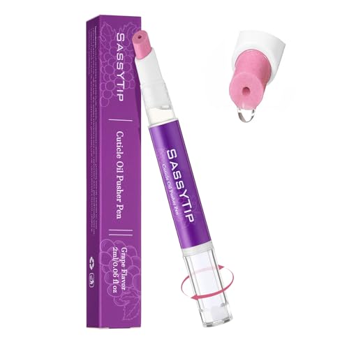SASSYTIP Cuticle Oil Pusher Pen 2-in-1 Clean & Moisturize | Removes Dead Skin & Dirt from Nail Edges | Nourishing Jojoba & Almond Oils | At-Home or On-the-Go Manicure for Women & Men (Grape)