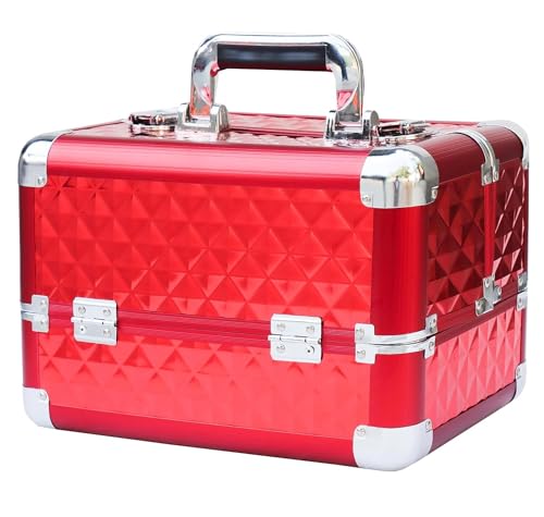 Image of Adson Professional Makeup Box Cosmetics Case Jewelry Organiser Vanity Make Up Storage Box Beauty Train Case Lockable with Keys (Candy Red)