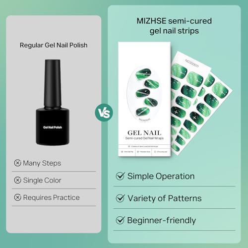 MIZHSE Semi Cured Gel Nail Strips, Green Cat Eye 30PCS Gel Nail Wraps, Stickers, UV Light Required, Salon Quality, Long Lasting Easy to Apply & Remove - Includes 2 Prep Pads, Nail File & Wooden Stick