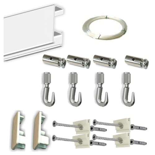 Pack Basic FAST de 150cm de Guías de Aluminio con 4 colgadores con hilo de Nylon para Colgar Cuadros o Marcos (Blanco)
