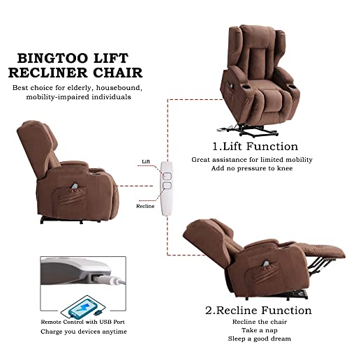 BINGTOO Power Lift Recliner Chair with Massage and Heat, Electric Recliners for Elderly, Heated Vibration Massage Sofa Living Room Chair with USB Ports, Remote Control, 3 Positions, 2 Side Pockets