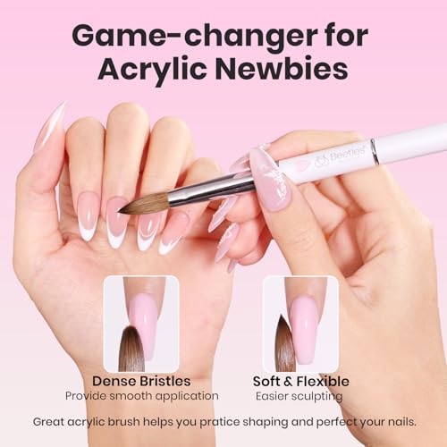 Image of Beetles Acrylic Nail Brush Kolinsky Hair Bristles Round Shaped Metal Handle Nail Art Brushes for Acrylic Powder Manicure Extension DIY at Home Manicure Tool - Size 8