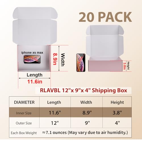 Image of RLAVBL 12x9x4 Shipping Boxes Set of 20, Pink Corrugated Cardboard Box for Packing, Mailing, Business, Gift