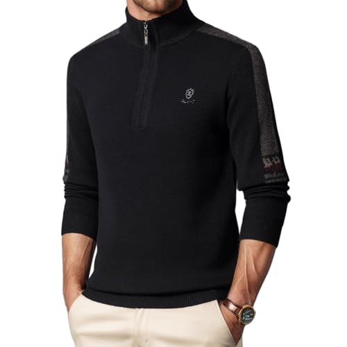 Mens 100% Wool Quarter Zip Pullover Sweaters Stand-Up Collar Knitted Long-Sleeved Casual Top