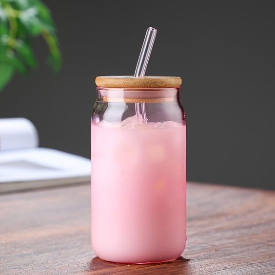 Image of WEZOSHINET 1 Pcs Glass Cups with Bamboo Lids and Straws, 20oz Can Shaped Drinking Beer Glasses, Iced Coffee Cups, Cute Tumbler with Straw Cleaning Brushes, Ideal for Bubble Tea, Smoothie, Juice