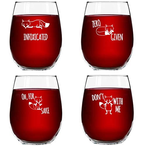 Funny Stemless Wine Glass Set | The Fox Series Pack of 4 Glasses Set | Infoxicated, Zero Fox Given, Oh for Fox Sake, Don't Fox with Me | Novelty Glasses With Cute Sayings for Women, Her | Made in USA