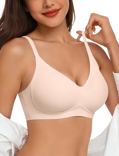 Vertvie Nahtloser BH Damen Ohne Bügel Bequeme Push Up Soft BH V Ausschnitt Weicher Bustier Seamless Bra Ultrakomfortable Gepolstert Bralette T-Shirts(1pc: Beige,M)