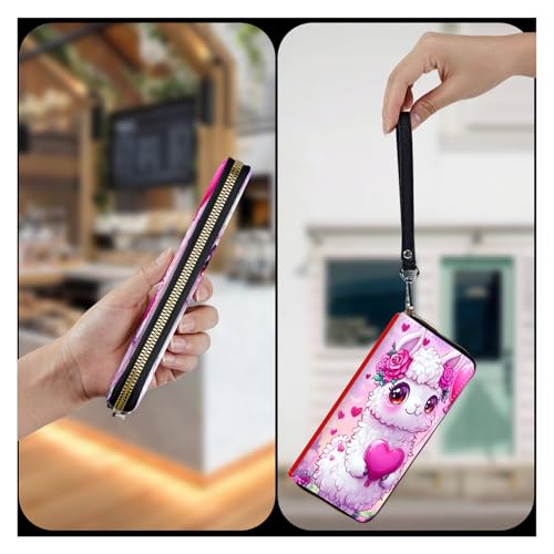 Wristlet Wallet for Women Teen Girls Womens Wallet RFID Blocking Credit Card Holder with Removable Wristlet,Leather Phone Wallet Clutch Large Capacity Ladies Travel Purs,Cute Love Heart Alpacas4