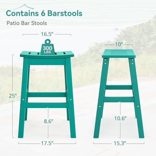 Image of Outdoor Bar Stools Set of 6, 25 inch HDPE Counter Height Bar Stools, All Weather Resistant Patio Bar Stools for Balcony, Backyard, Turquoise