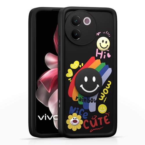 Image of Pikkme Back Cover for Vivo V30e 5G | Soft Silicone| Cute Rainbow Smile & 3D Cartoon Flower Design | Shockproof Raised Camera Protection Bumper Case (Black)