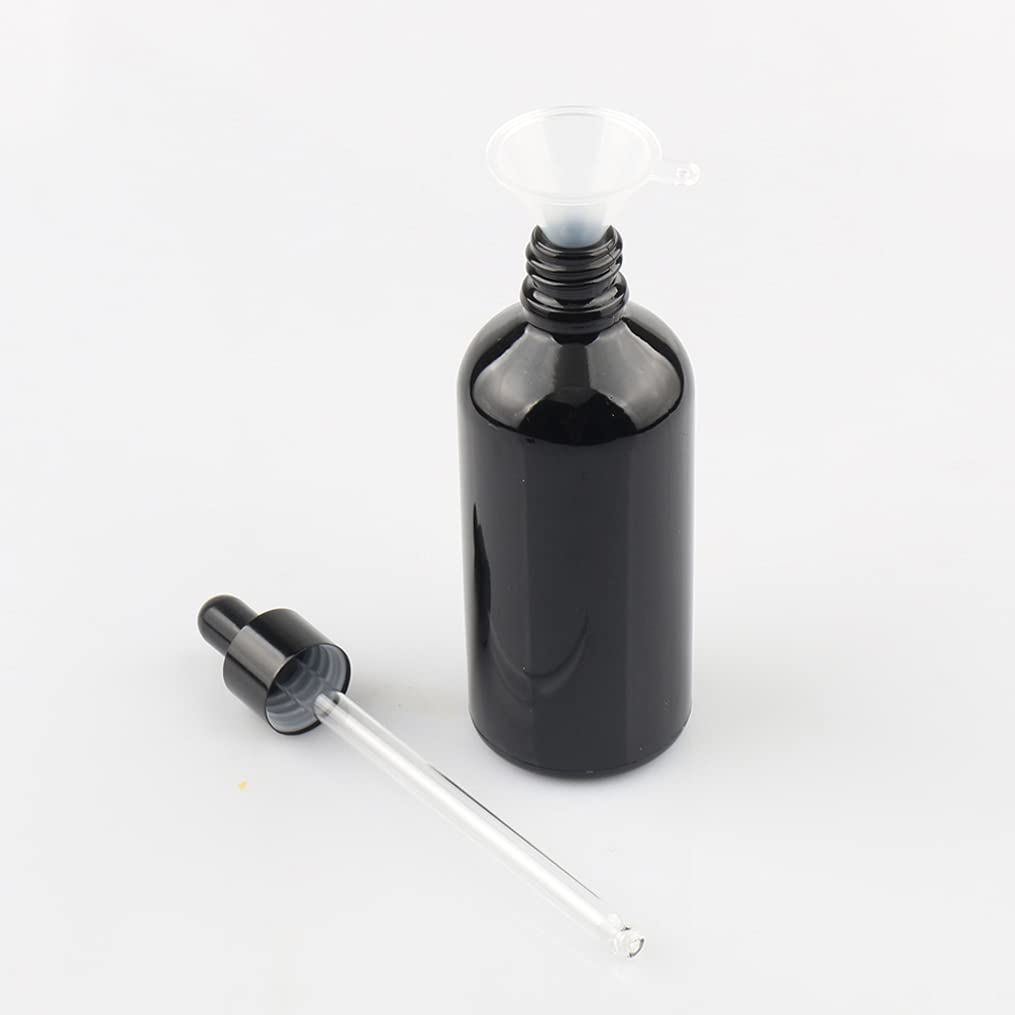 12 Pieza,Botella de Aceite Esencial Negro brillante de 100 Ml, Fácil de Llenar, Botellas de Cristal con anillo de Negro y pipeta,para Aceite Esencial, Masaje,Fragancia, Aromaterapia