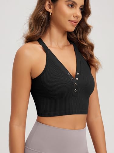 ODODOS 2-Pack Seamless Henley Crop for Women Open Back Ribbed Tank Button-up Cropped Top3