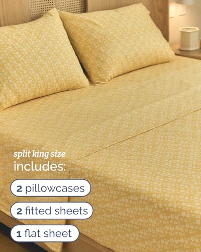 Image of Split King 5 Piece Floral Sheet Set - Breathable & Cooling - Yellow Meadow | 1 Flat, 2 Fitted & 2 Pillowcases w / Deep Pockets, Boho Botanical Floral Bedding, Breathable & Cooling, Wrinkle & Fade Free