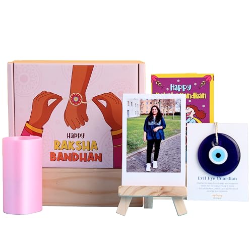 Image of Oye Happy Cute Rakhi Hamper for Her | Raksha Bandhan Gift Set for Sister, Behen, Didi | Includes Sash, Evil Eye Wall Hanging, Photo Easel & Greeting Card | Multi-Color