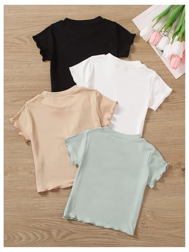 OYOANGLE Toddler Girl's 4 Piece Ribbed Knit Short Sleeve Tee Shirts Lettuce Trim Crew Neck Tee Tops2