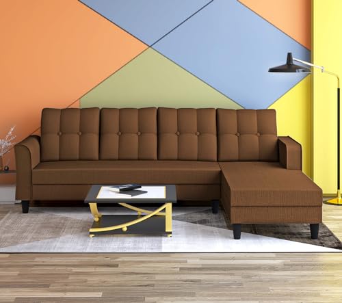 Image of Adorn India Maddox Tufted L Shape 6 Seater Sofa Set RHS (Brown) (3 Year Warranty)