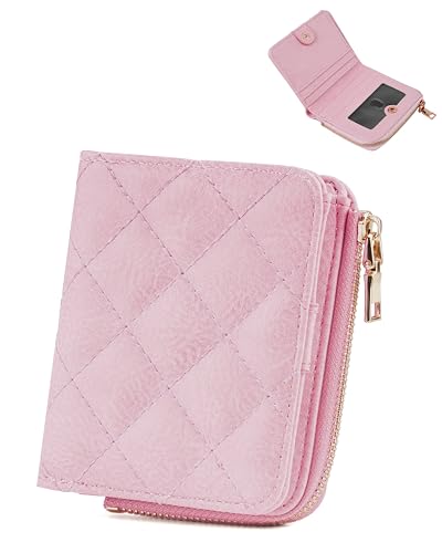 Small Wallets Woman RFID Bifold Wallet Women Slim Card Wallets for Women with Zipper Coin Pocket, 2 Id Windows (Pink)