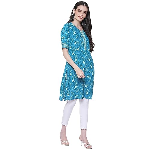 Image of Rangriti Teal Blue Liva Straight Printed Kurta for Women
