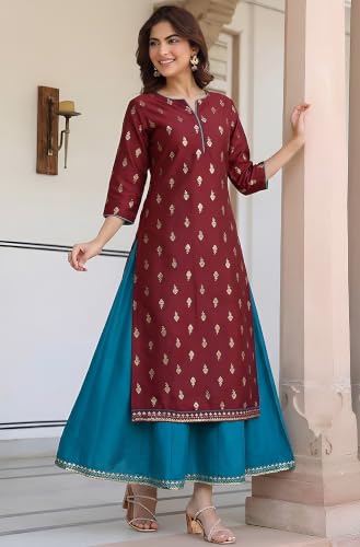 Image of Janasya Women's Silk Blend Foil Printed Anarkali Ethnic Dress with Inner
