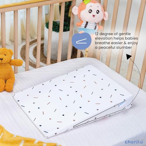 Image of Cherilo Standard Elevated Wedge Pillow for Baby Crib & Mattress, Elevate Baby to Prevent Acid Reflux, Colic, Gerd, Heat Burn, 14 inch X 19 inch X 3.5 inch - with Removable Cover - Triangle Design - White