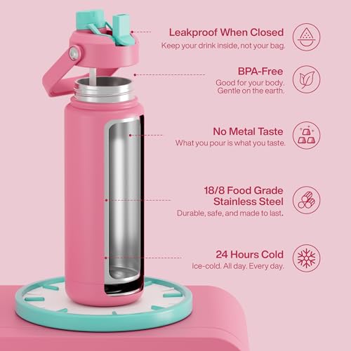 Image of ENCOOL Insulated Water Bottle with Straw Stainless Steel Water Bottle, Leak-Proof, BPA-Free, Double Wall Vacuum Keeps Cold for 24 Hours for Sports, Travel, School (32 oz, Tulip)