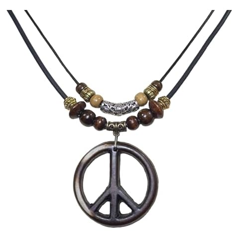Double Layer Peace Sign Necklace - Peace Symbol Wood beads Necklace - Resin Peace Sign Pendant - Adjustable Black Cord (Dark Brown) Cover