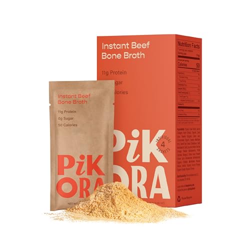 Pikora Beef Bone Broth Instant Powdered Mix (1-Pack) | 11g Protein, 50 Calories per Serving | Gluten-Free, Collagen-Rich, No Sugar, Keto & Paleo Friendly | Hearty Beef Flavor | 4 Sachets Total