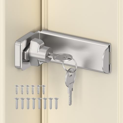 StickNGo 90 Degree Sliding Door Lock Security Right Angle Hasp Latch Lock Gate Latch Fit for Barn Garden Fence Patio (Silver 3.3 in with Key-1 Pc)