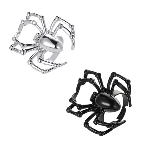 XFSRG 2 Stücke Gothic Spinnen Ringe Halloween Open Einstellbar Ring Vintage Punk Ringe Halloween Tänze Partys Kostümzubehör Geschenk für Männer Frauen (Silber + Schwarz)