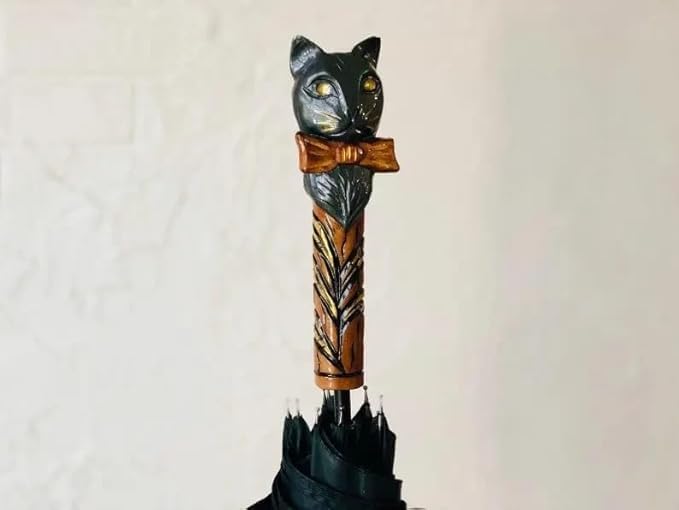 Hand Carved Cat Umbrella: Custom Walking Stick