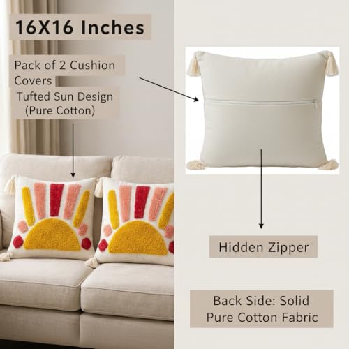Image of RRC Boho Throw Pillows 16x16 Inch Set of 2 - Soft Mid Century Modern Decorative Pillow Covers, Aesthetic Cushion Cases for Couch, Sofa, Bed & Bedroom Decor (Orange, 16X16(Inches))