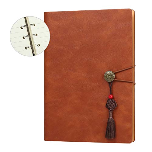 Kesoto A5 Refillable Lined Leather Journal, Ruled Hardcover Executive Writing Notebook with Card Holder & Elastic Closure, 200 Pages, 8.2 x 5.8 in, Brown