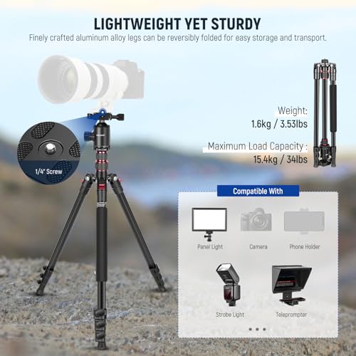 Image of NEEWER 77 inch Camera Tripod Monopod with Phone Holder, Portable Travel Tripod with Remote, 360 Ball Head, 2 Axis Center Column, Arca QR Plate and Bag, Aluminum DSLR Tripod 34lb Max Load, TP77