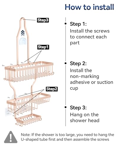 YASONIC Shower Caddy Hanging - Never Rust Shower Organizer - Aluminum over The shower head caddy with 10 Hooks for Razor/Sponge - Shower Rack with Soap Basket - Rose Gold
