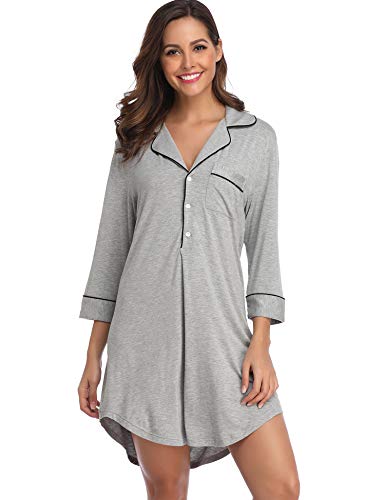 Lusofie Womens Nightshirts Button-up Nightgowns 3/4 Sleeve Boyfriend Style Sleepwear (Grey,M)