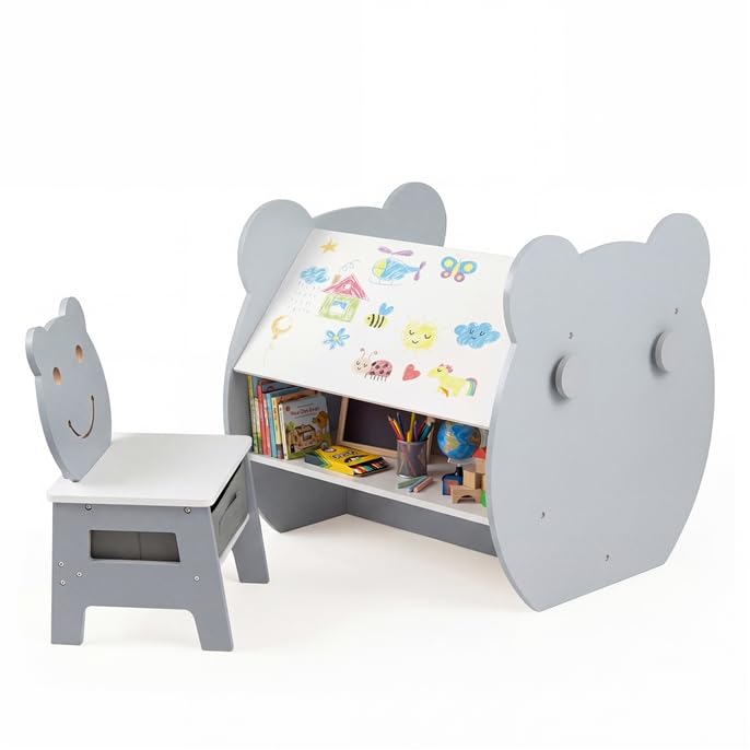 LIFEZEAL Conjunto De Mesa Y Sillas Artísticas para Niños, Mesa De Actividades 3 En 1 para Niños Pequeños con Espacio De Almacenamiento, Ganchos Y Pizarra De Doble Cara, Apta para Niños De 3 (Gris)